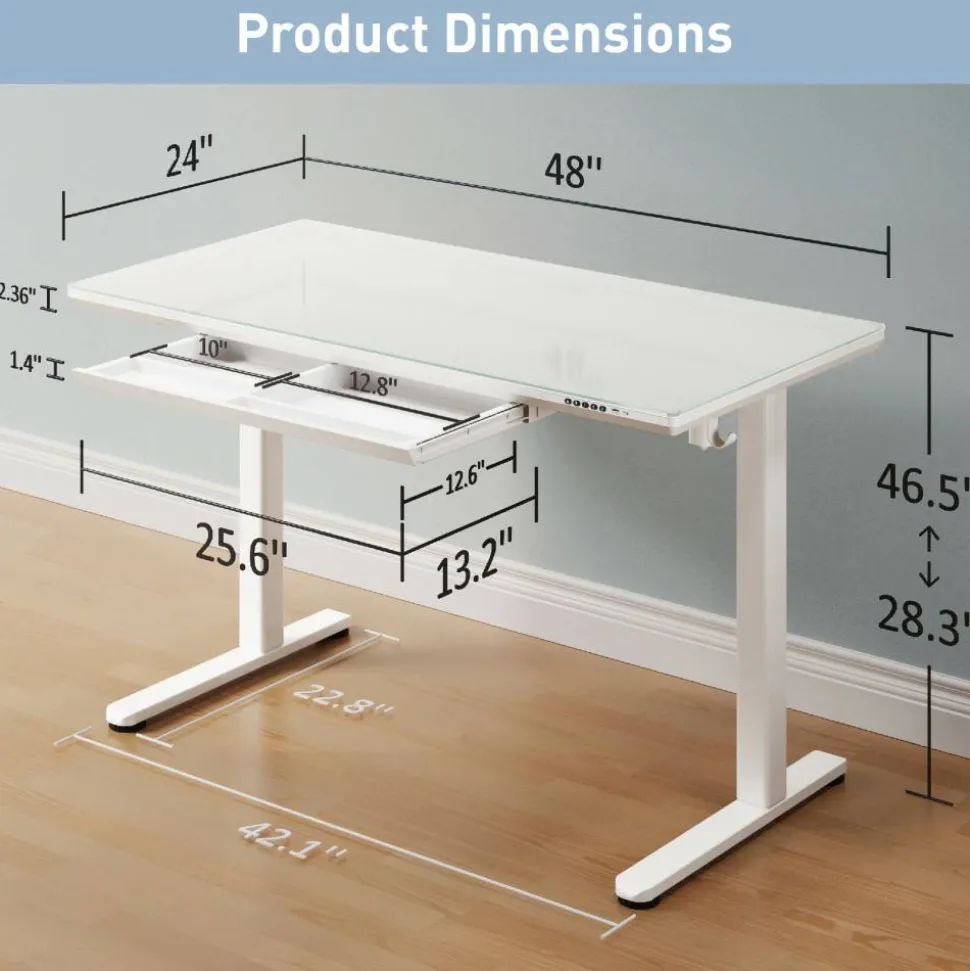 48”W Glass-Top Electric Height-Adjustable Standing Desk, White