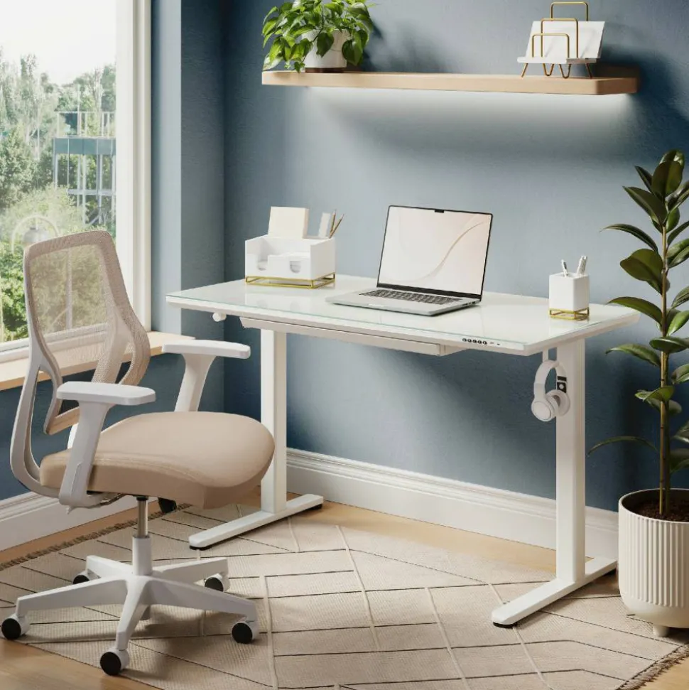 48”W Glass-Top Electric Height-Adjustable Standing Desk, White