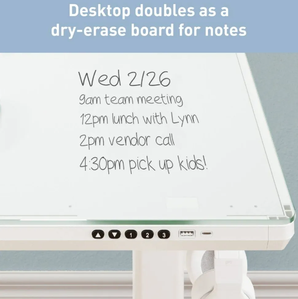 48”W Glass-Top Electric Height-Adjustable Standing Desk, White