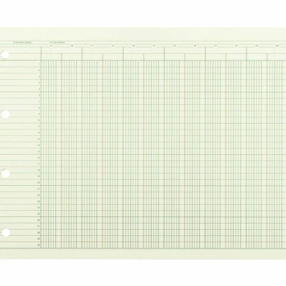 Wilson Jones Columnar Ruled Sheets, 4-Hole, 30 Lines, 20 Columns, 9 1/4" x 11 7/8, Ledger Size, Brown, Pack Of 100