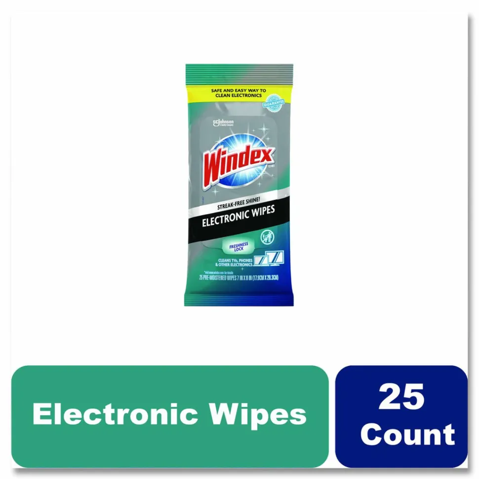 Windex Electronics-Cleaner Wipes, 1-Ply, 7 x 10, Neutral Scent, White, 25 Wipes