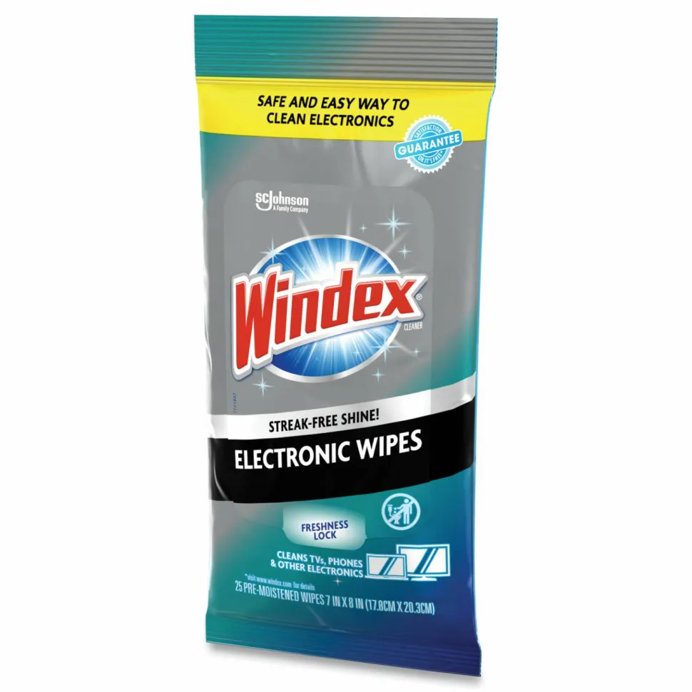 Windex Electronics-Cleaner Wipes, 1-Ply, 7 x 10, Neutral Scent, White, 25 Wipes