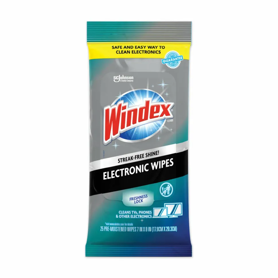 Windex Electronics-Cleaner Wipes, 1-Ply, 7 x 10, Neutral Scent, White, 25 Wipes