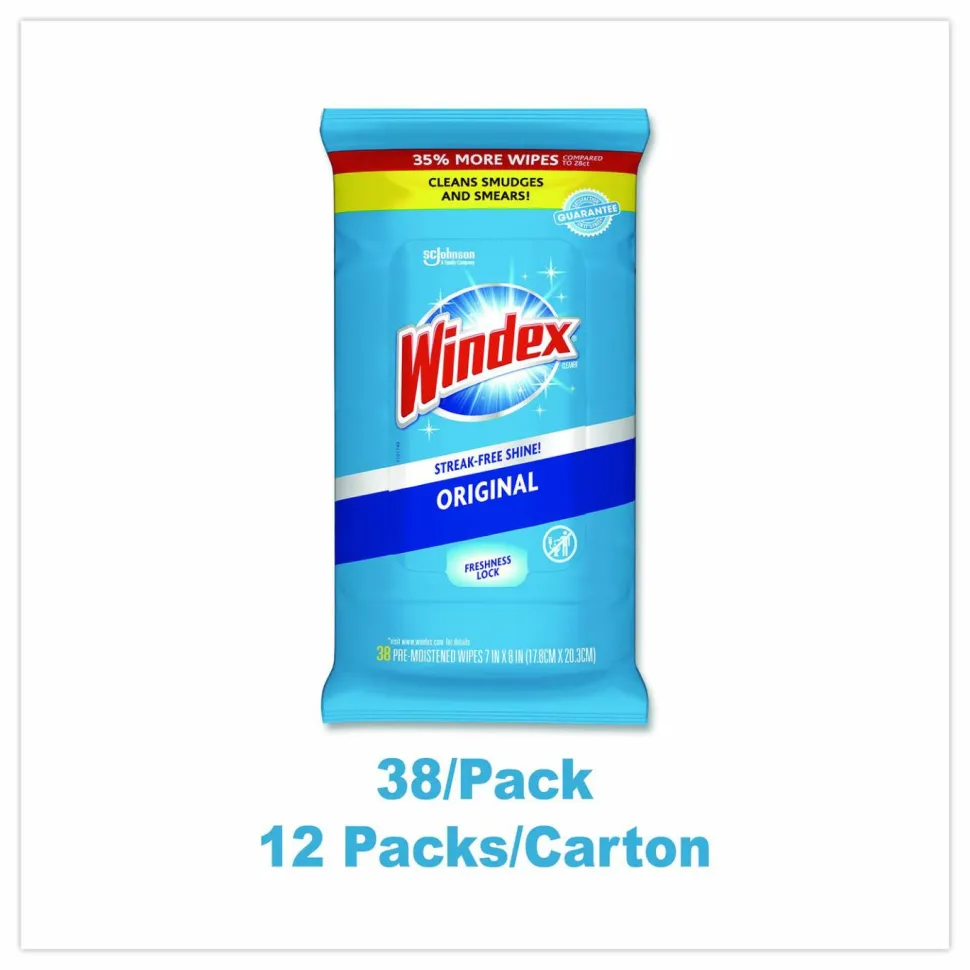 Windex Glass and Surface Wet Wipe, Cloth, 7 x 8, Unscented, White, 38/Pack, 12 Packs/Carton