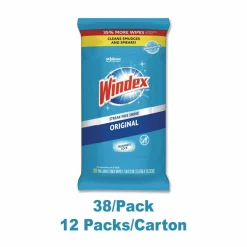 Windex Glass and Surface Wet Wipe, Cloth, 7 x 8, Unscented, White, 38/Pack, 12 Packs/Carton