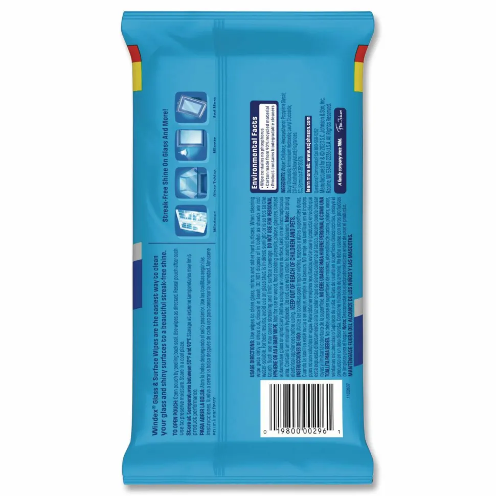 Windex Glass and Surface Wet Wipe, Cloth, 7 x 8, Unscented, White, 38/Pack, 12 Packs/Carton