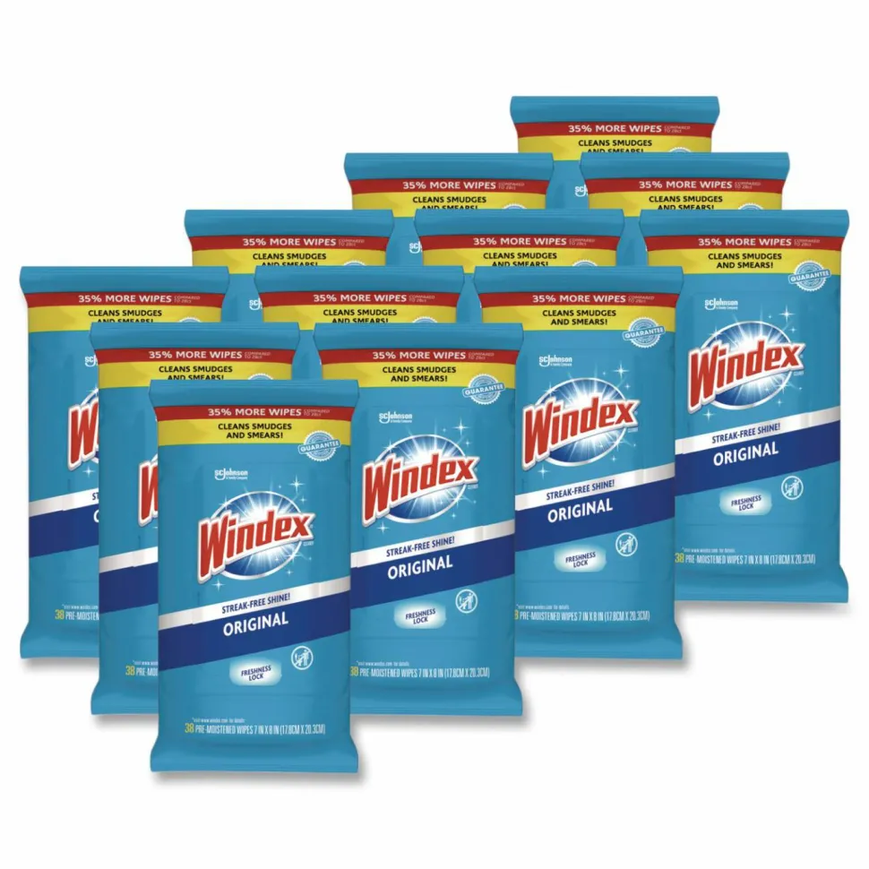 Windex Glass and Surface Wet Wipe, Cloth, 7 x 8, Unscented, White, 38/Pack, 12 Packs/Carton
