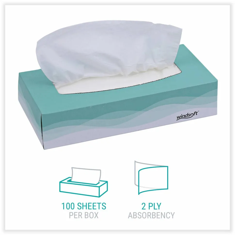 Windsoft Facial Tissue, Flat Pop-Up Box, 2-Ply, White, 100 Sheets/Box, 30 Boxes/Carton