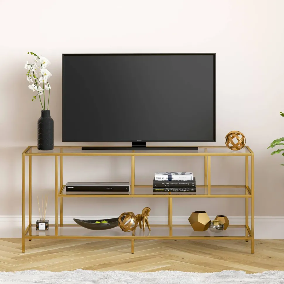 Winthrop Rectangular TV Stand with Glass Shelves for TV's up to 60" in Brass
