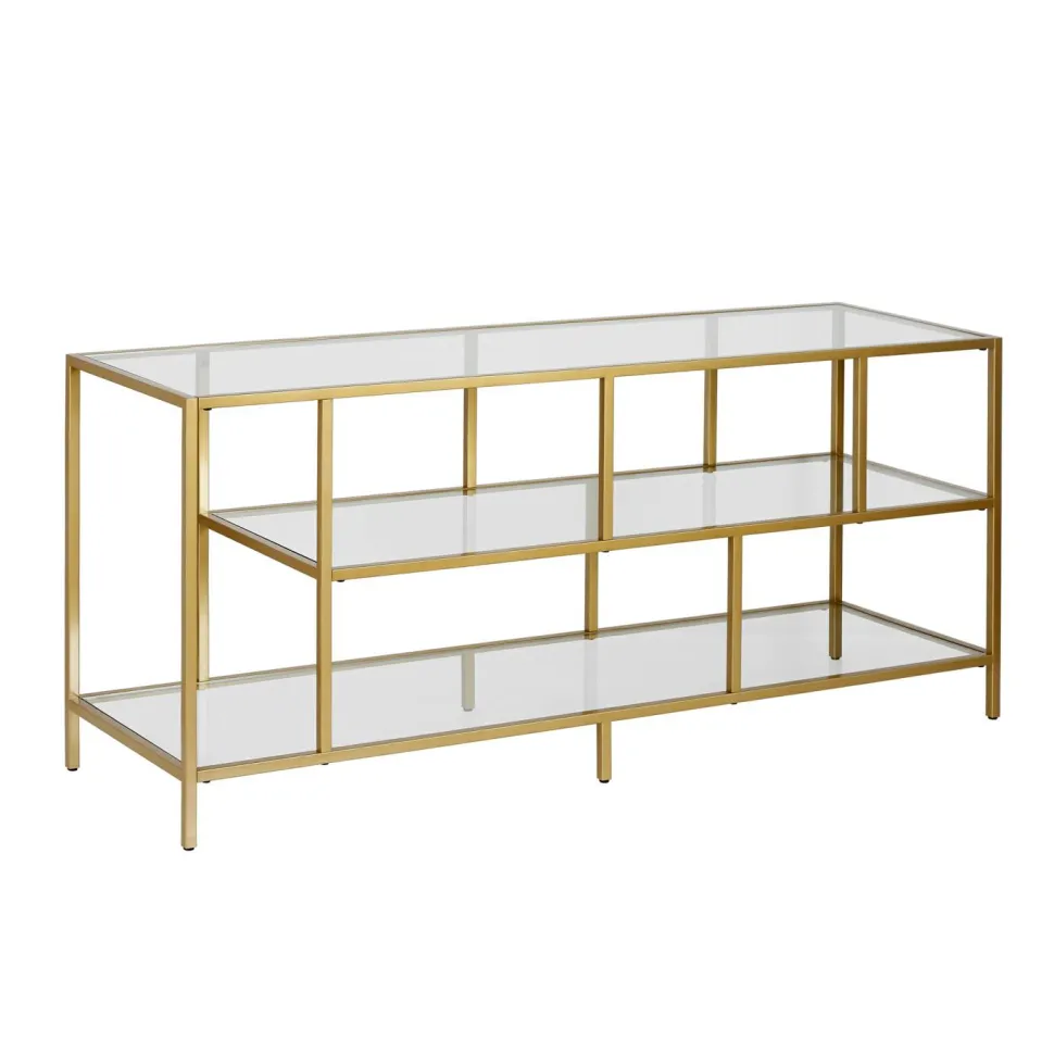 Winthrop Rectangular TV Stand with Glass Shelves for TV's up to 60" in Brass