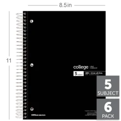 Wirebound Notebooks, 8 1/2" x 11", 5 Subjects, College Ruled, 180 Sheets, Assorted Colors, Pack Of 6 Notebooks
