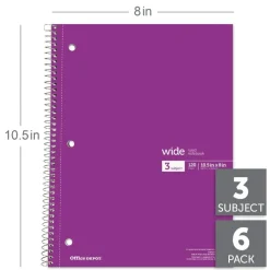 Wirebound Notebooks, 8" x 10-1/2", 3 Subjects, Wide Ruled, 120 Sheets, Assorted Colors, Pack Of 6 Notebooks