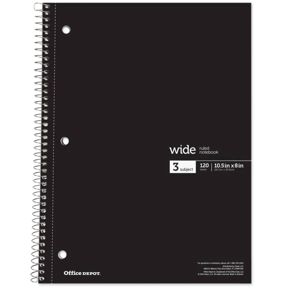 Wirebound Notebooks, 8" x 10-1/2", 3 Subjects, Wide Ruled, 120 Sheets, Assorted Colors, Pack Of 6 Notebooks