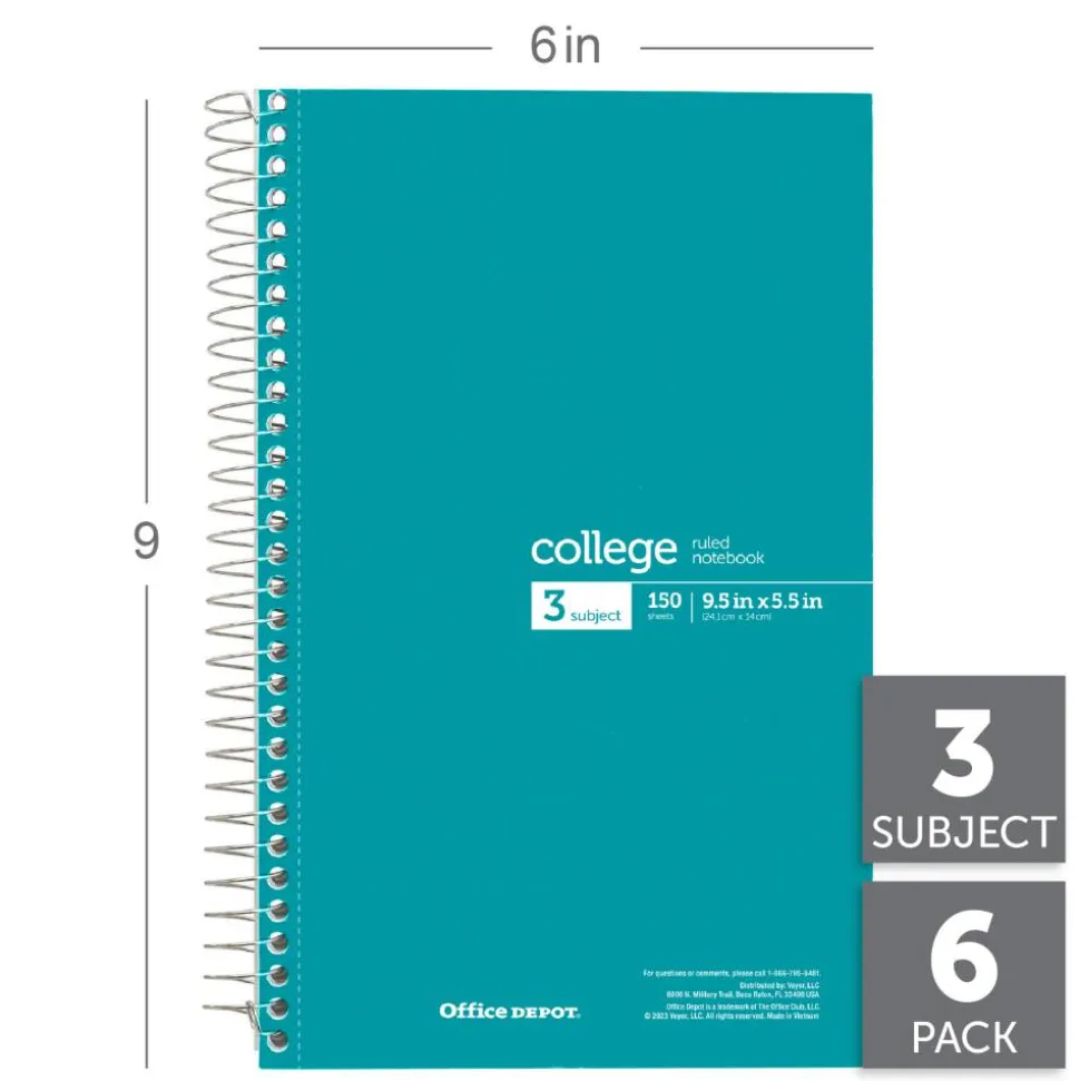 Wirebound Notebooks, 6" x 9-1/2", 3 Subjects, College Ruled, 150 Sheets, Assorted Colors, Pack Of 6 Notebooks