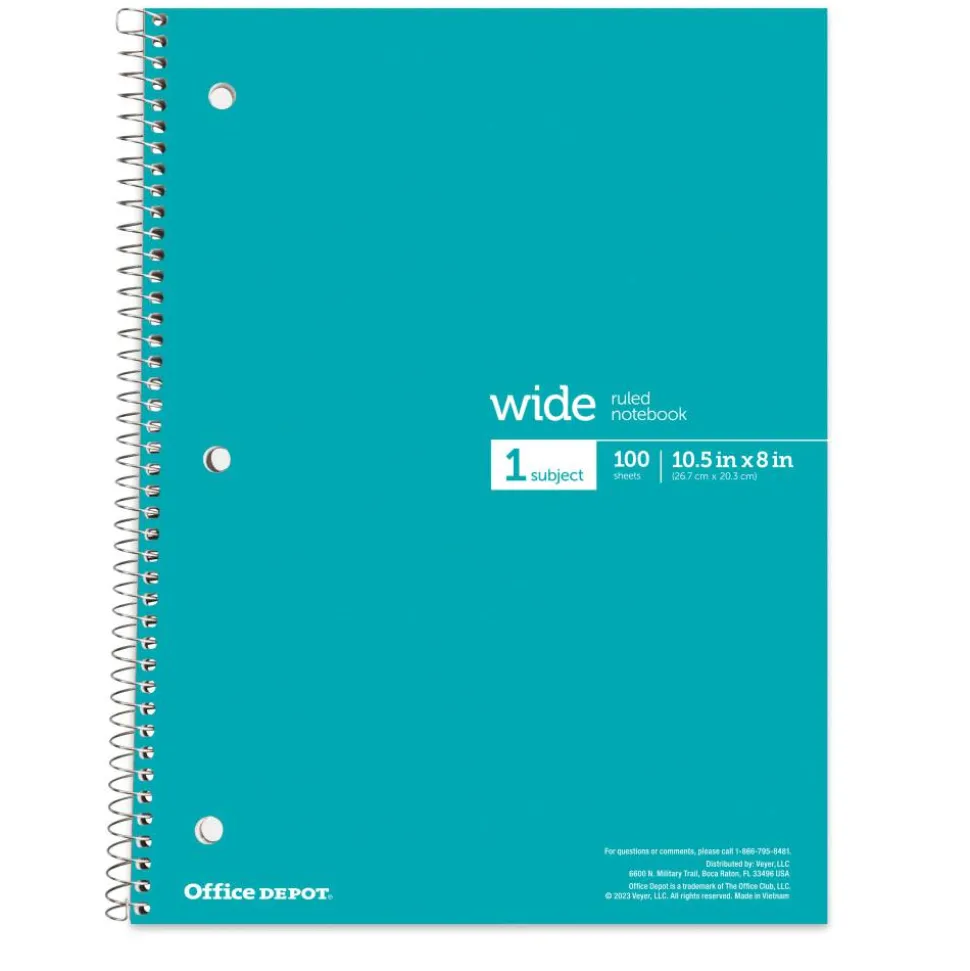 Wirebound Notebooks, 8" x 10-1/2", 1 Subject, Wide Ruled, 100 Sheets, Assorted Colors, Pack Of 6 Notebooks