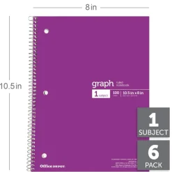 Wirebound Notebooks, 8" x 10-1/2", 1 Subject, Quad Ruled, 100 Sheets, Assorted Colors, Pack Of 6 Notebooks