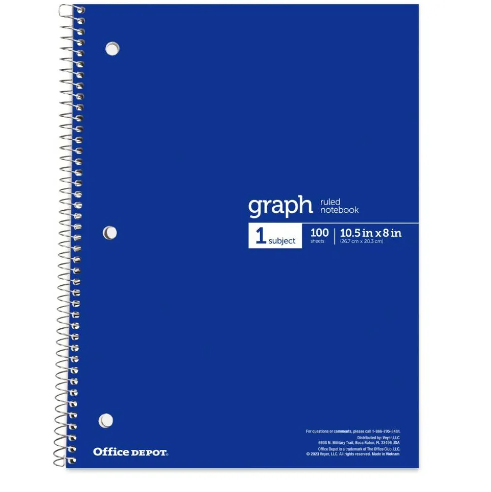 Wirebound Notebooks, 8" x 10-1/2", 1 Subject, Quad Ruled, 100 Sheets, Assorted Colors, Pack Of 6 Notebooks