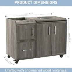 40”W Multifunction Mobile File Cabinet Printer Stand with Integrated Power & Charging, Gray Oak, BIFMA Compliant