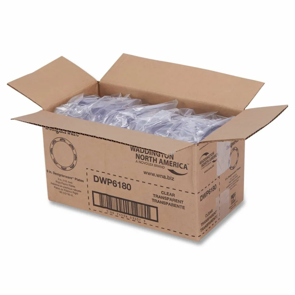 WNA Designerware Plates, Plastic, 6" dia, Clear, 10/Pack, 18 Packs/Carton
