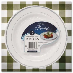 WNA Masterpiece Plastic Plates, 9" dia, White/Silver, 10/Pack, 12 Packs/Carton