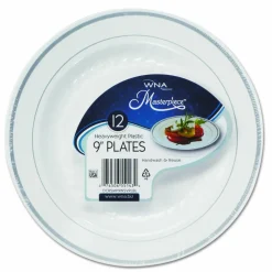 WNA Masterpiece Plastic Plates, 9" dia, White/Silver, 10/Pack, 12 Packs/Carton