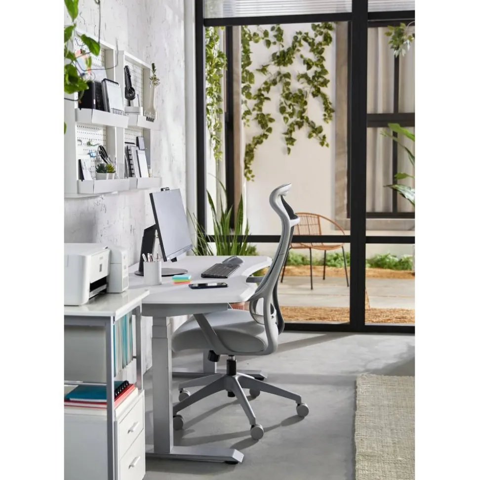 WorkPro Electric 60"W Height-Adjustable Standing Desk with Wireless Charging, White