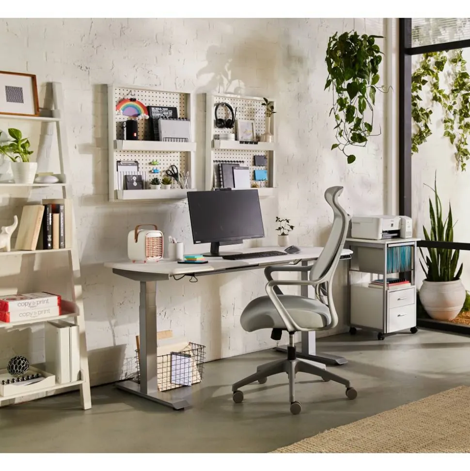 WorkPro Electric 60"W Height-Adjustable Standing Desk with Wireless Charging, White