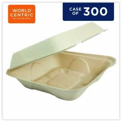 World Centric Fiber Hinged Takeout Containers, 7 x 8.3 x 3.2, Natural, Paper, 300/Carton