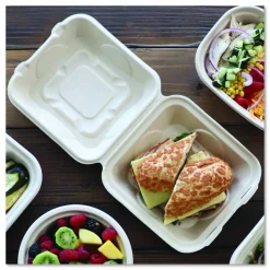 World Centric Fiber Hinged Takeout Containers, 7 x 8.3 x 3.2, Natural, Paper, 300/Carton