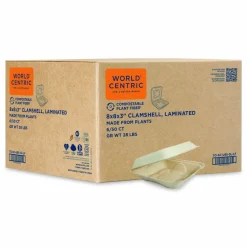 World Centric Fiber Hinged Takeout Containers, 7 x 8.3 x 3.2, Natural, Paper, 300/Carton