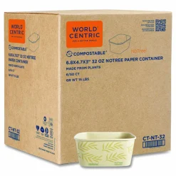 World Centric No Tree Rectangular Containers, 32 oz, 4.7 x 6.8 x 3, Natural, Sugarcane, 300/Carton