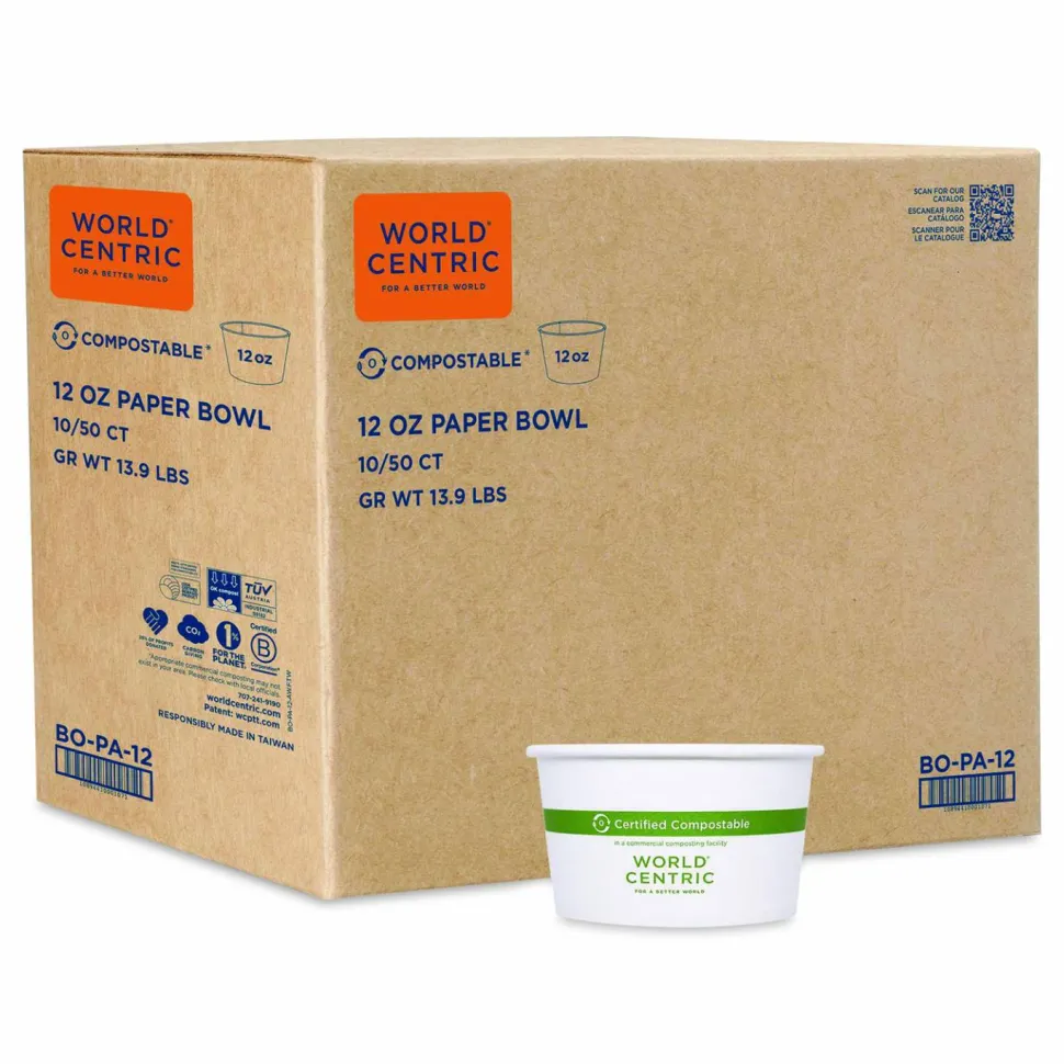 World Centric Paper Bowls, 12 oz, 4.5" Diameter x 2.5"h, White, 500/Carton