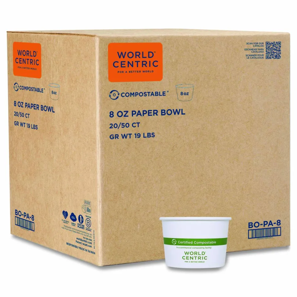 World Centric Paper Bowls, 8 oz, 3.5" Diameter x 2.3"h, White, 1,000/Carton