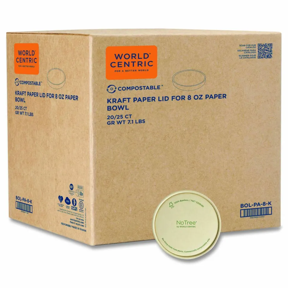 World Centric Paper Lids for Bowls, 3.6" Diameter, Brown, 500/Carton