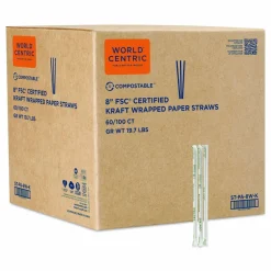 World Centric Sustainable Kraft Paper Straws, Wrapped, 8", Natural, 6,000/Carton