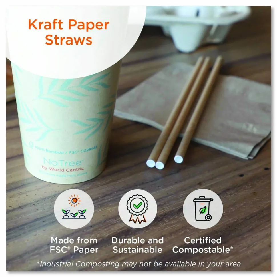 World Centric Sustainable Kraft Paper Straws, Wrapped, 8", Natural, 6,000/Carton