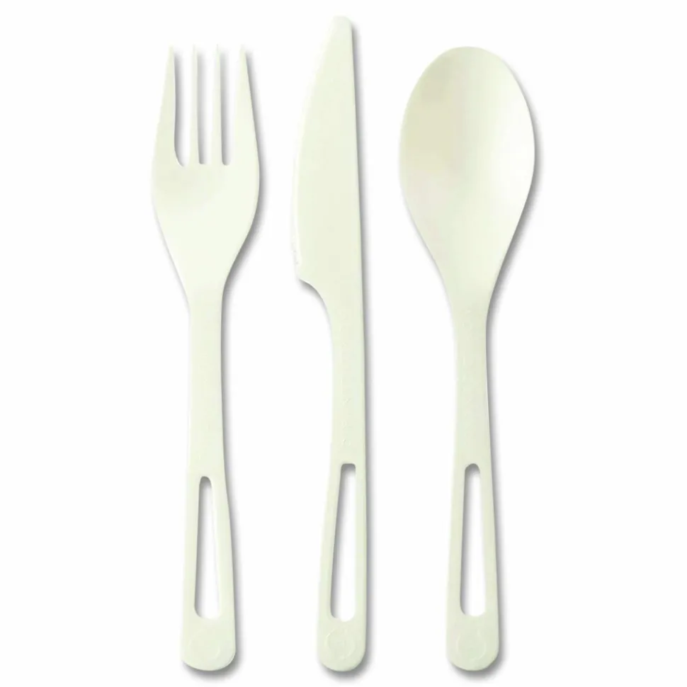 World Centric TPLA Cutlery, Medium Heavyweight, Fork/Knife/Spoon, Plastic, Light Beige, 24/Pack