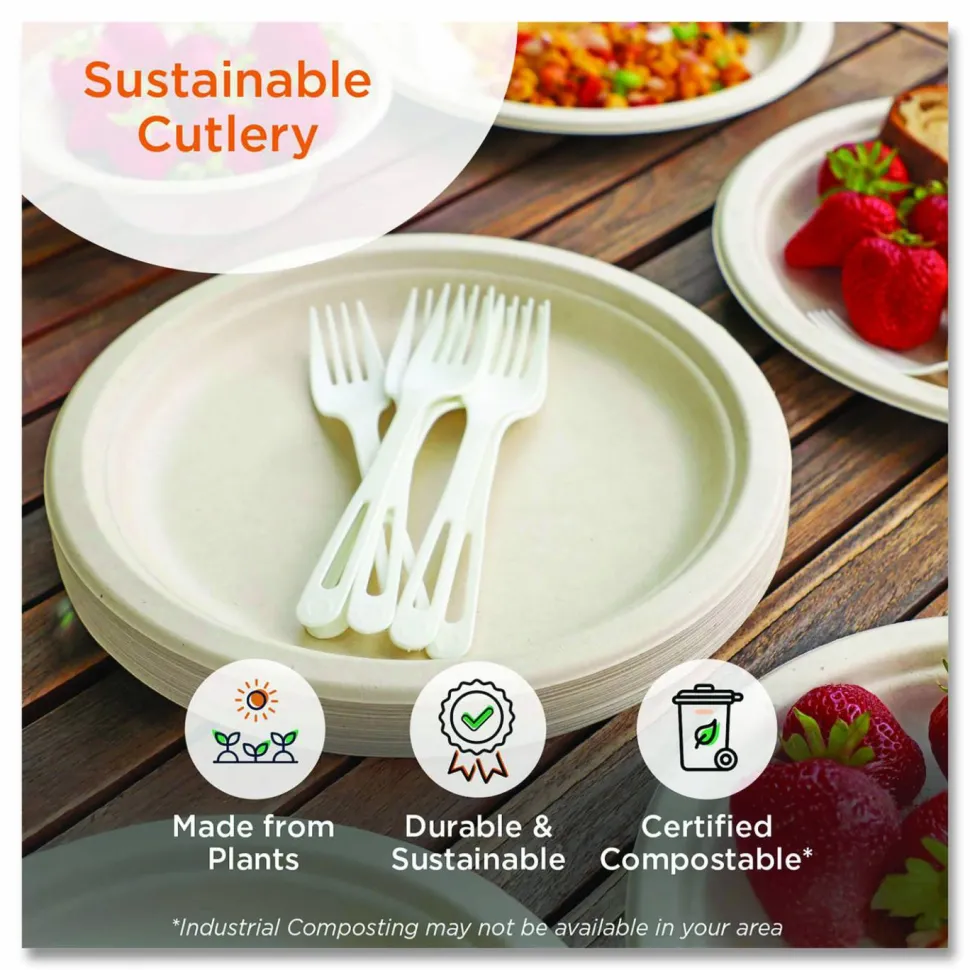 World Centric TPLA Cutlery, Medium Heavyweight, Fork/Knife/Spoon, Plastic, Light Beige, 24/Pack