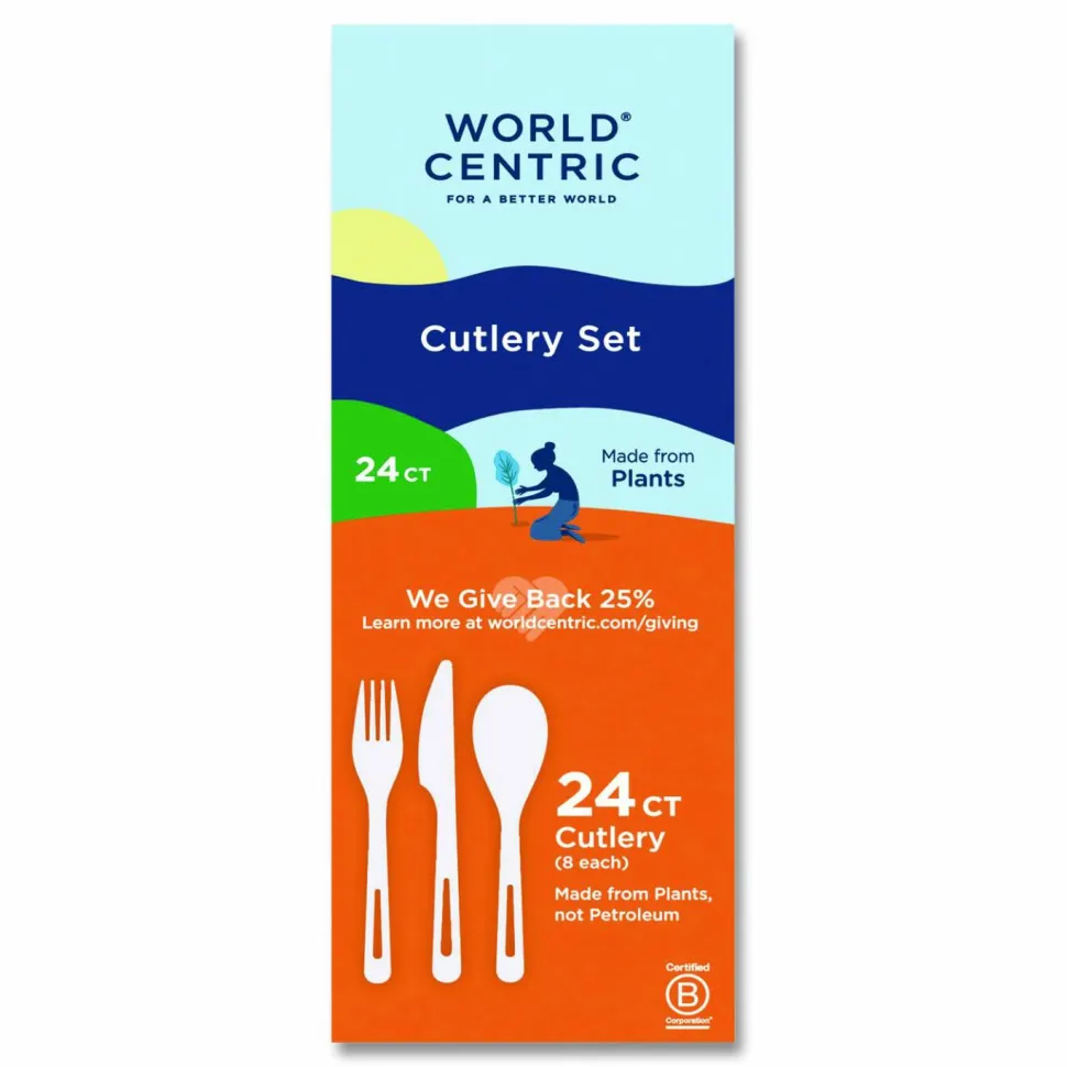 World Centric TPLA Cutlery, Medium Heavyweight, Fork/Knife/Spoon, Plastic, Light Beige, 24/Pack
