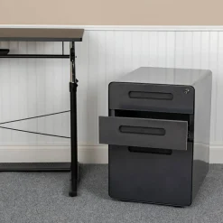 Wren Ergonomic 3-Drawer Mobile Locking Filing Cabinet with Anti-Tilt Mechanism and Hanging Drawer for Legal & Letter Files, Black