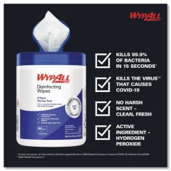 WypAll Disinfecting Wipes, 1-Ply, 5.16 x 8.5, Fresh Scent, White, 185 Sheets/Canister, 3 Canisters/Carton