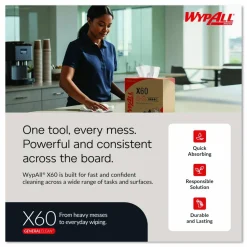 WypAll General Clean X60 Cloths, Small Roll, 9.8 x 13.4, White, 130/Roll, 12 Rolls/Carton