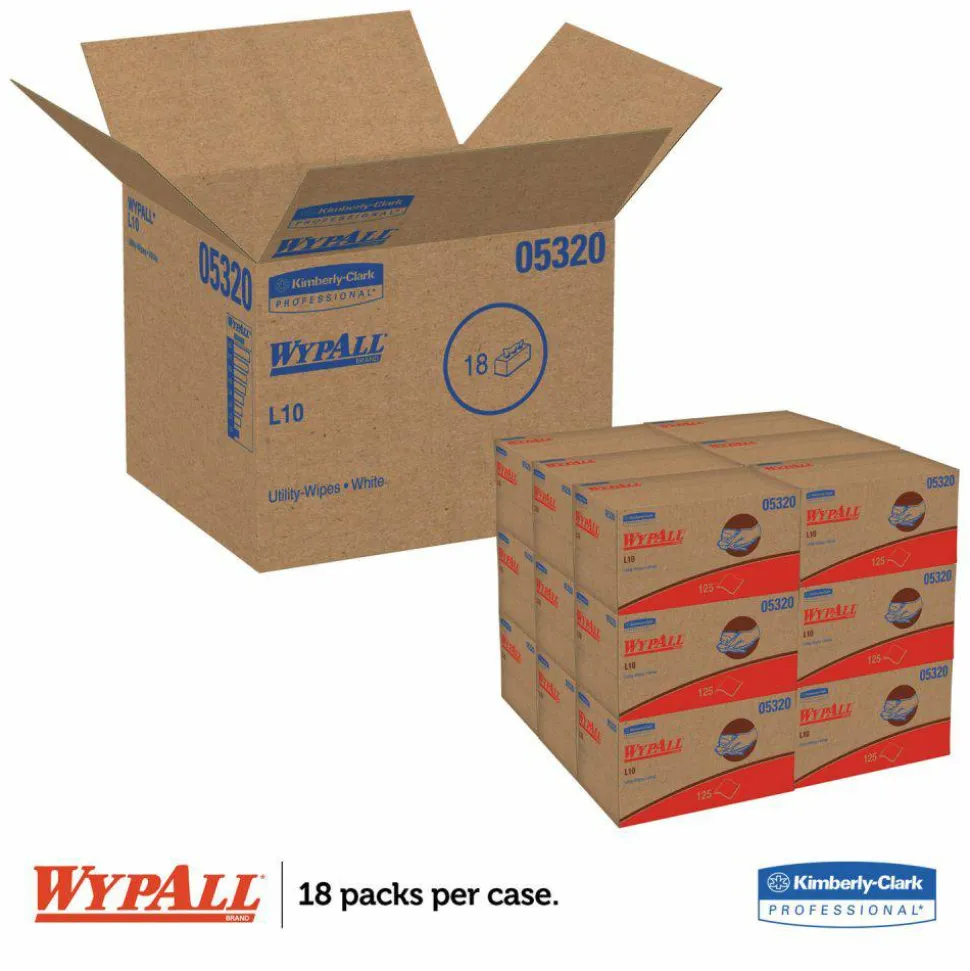 WypAll L10 Towels, POP-UP Box, 1-Ply, 9 x 10.5, White, 125/Box, 18 Boxes/Carton