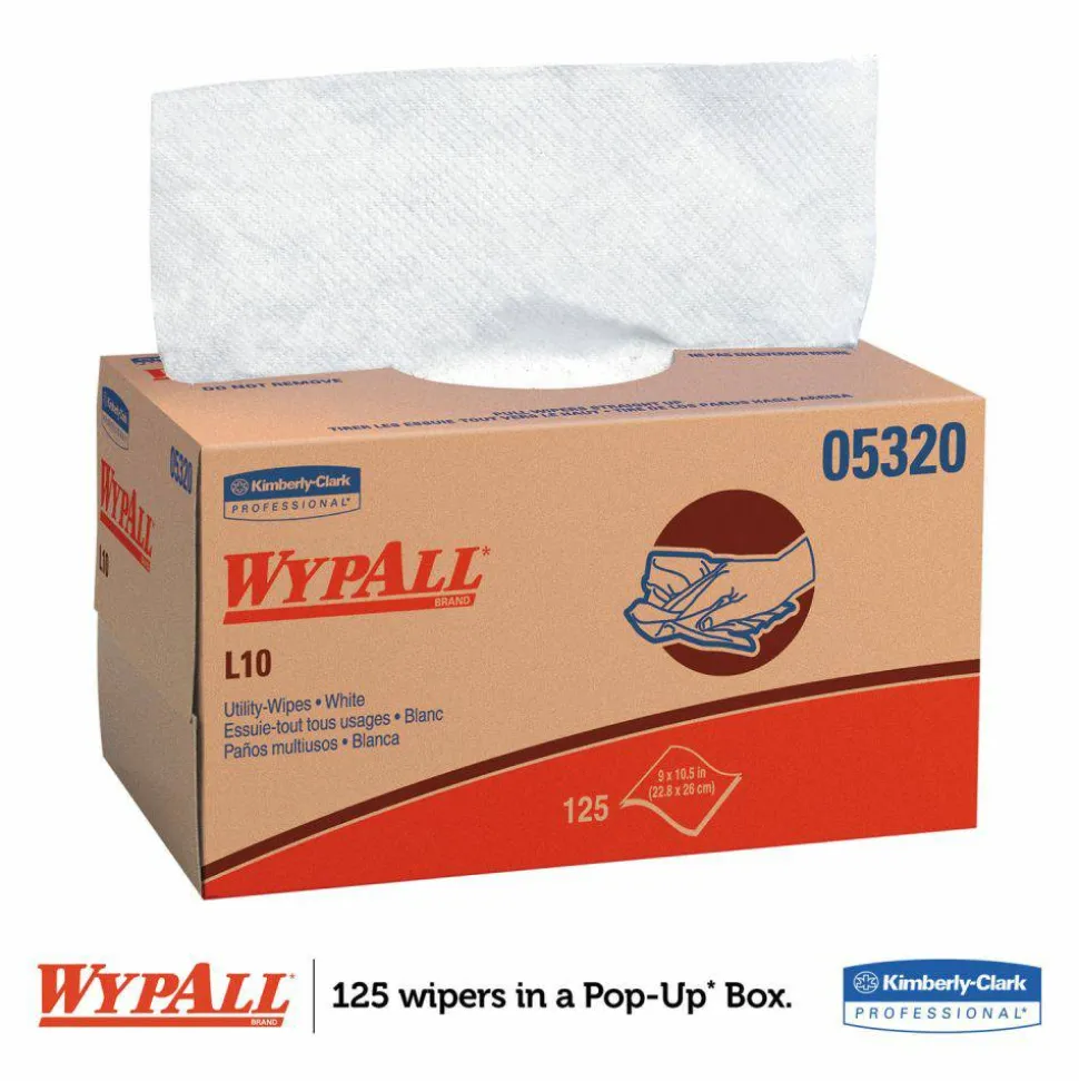 WypAll L10 Towels, POP-UP Box, 1-Ply, 9 x 10.5, White, 125/Box, 18 Boxes/Carton