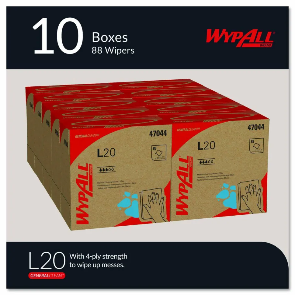 WypAll L20 Towels, POP-UP Box, 4-Ply, 9.1 x 16.8, Unscented, White, 88/Box, 10 Boxes/Carton