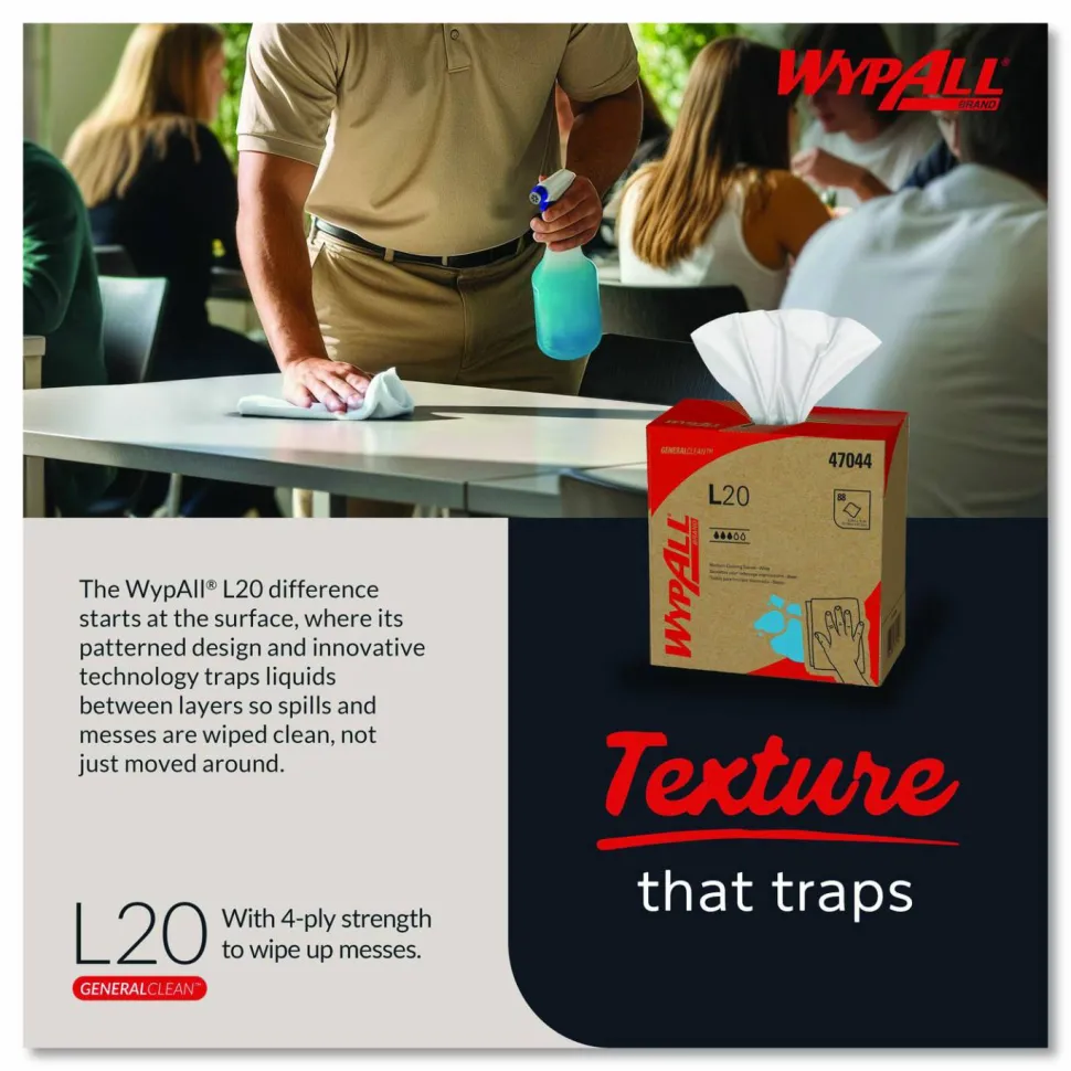 WypAll L20 Towels, POP-UP Box, 4-Ply, 9.1 x 16.8, Unscented, White, 88/Box, 10 Boxes/Carton