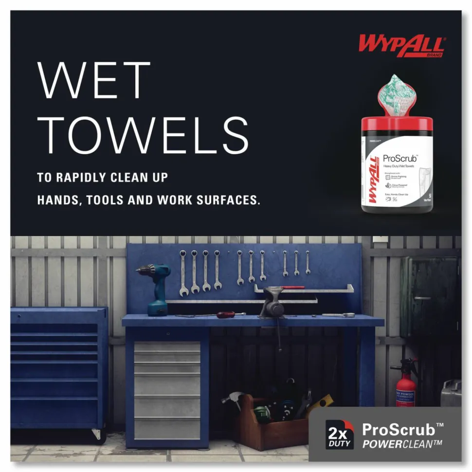 WypAll Power Clean ProScrub Pre-Saturated Wipes, 12 x 9.5, Citrus Scent, Green/White, 50/Canister, 8 Canisters/Carton