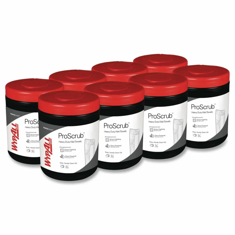 WypAll Power Clean ProScrub Pre-Saturated Wipes, 12 x 9.5, Citrus Scent, Green/White, 50/Canister, 8 Canisters/Carton