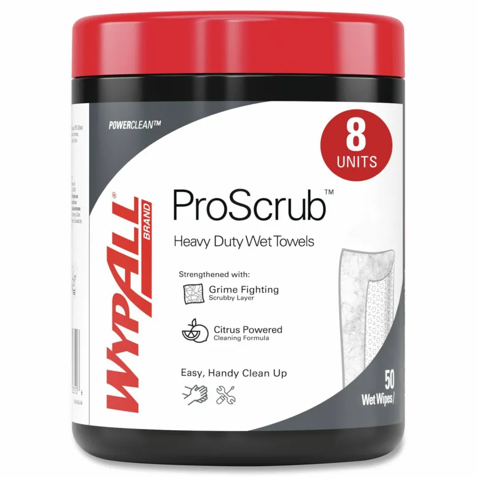 WypAll Power Clean ProScrub Pre-Saturated Wipes, 12 x 9.5, Citrus Scent, Green/White, 50/Canister, 8 Canisters/Carton