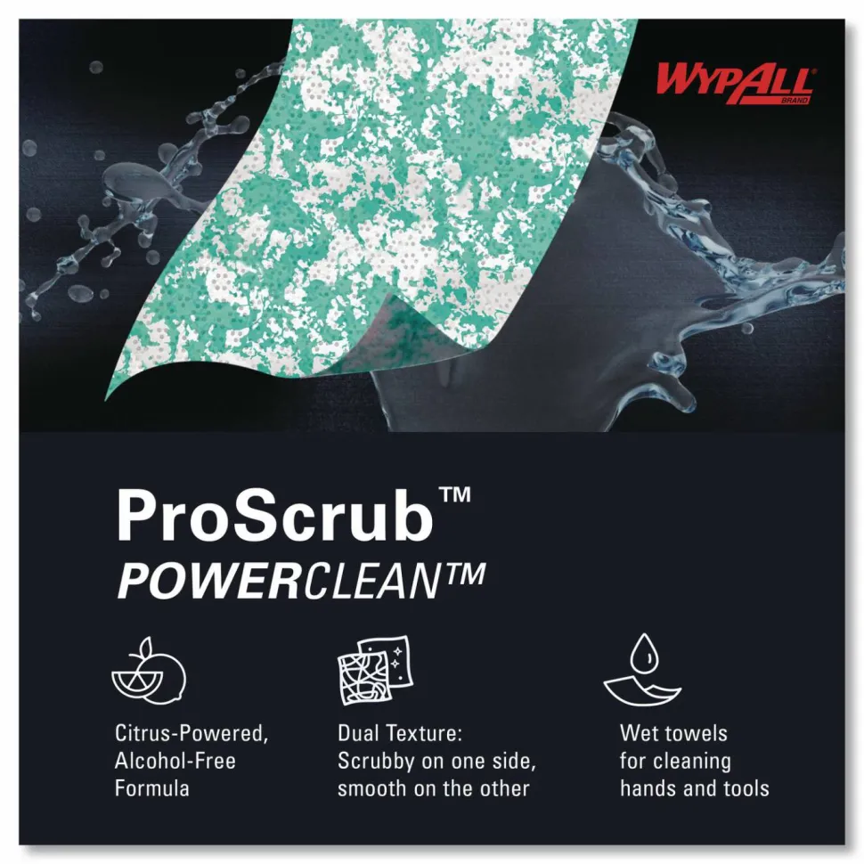 WypAll Power Clean ProScrub Pre-Saturated Wipes, 12 x 9.5, Citrus Scent, Green/White, 50/Canister, 8 Canisters/Carton